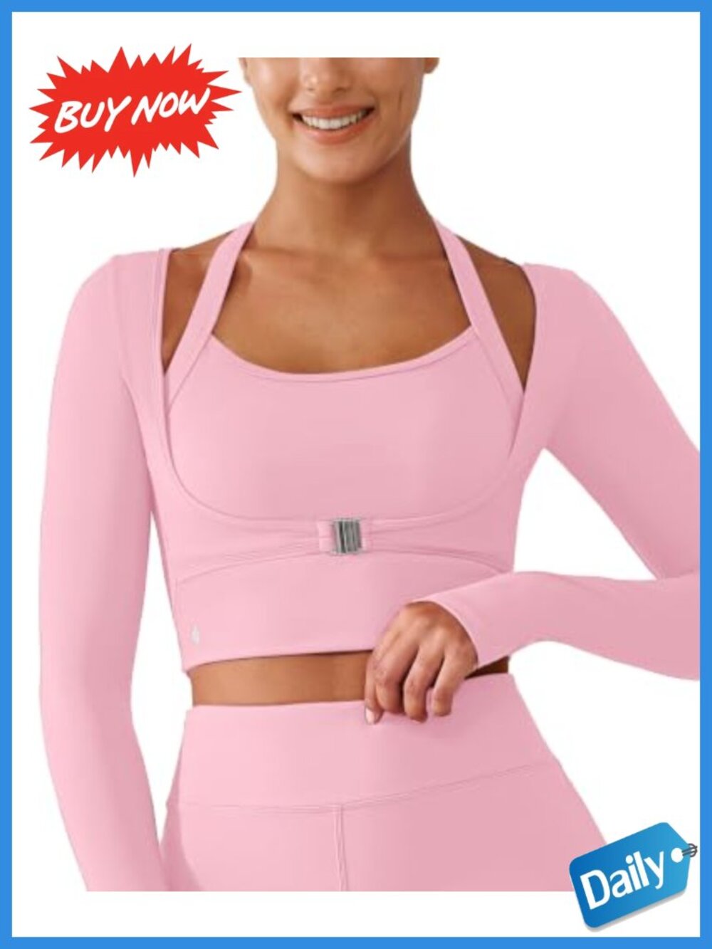 Long Sleeve Halter Crop Top Athletic Thumbholes Detachable Pads Yoga